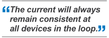 The current will alawys ramain consistent at all devices in the loop.